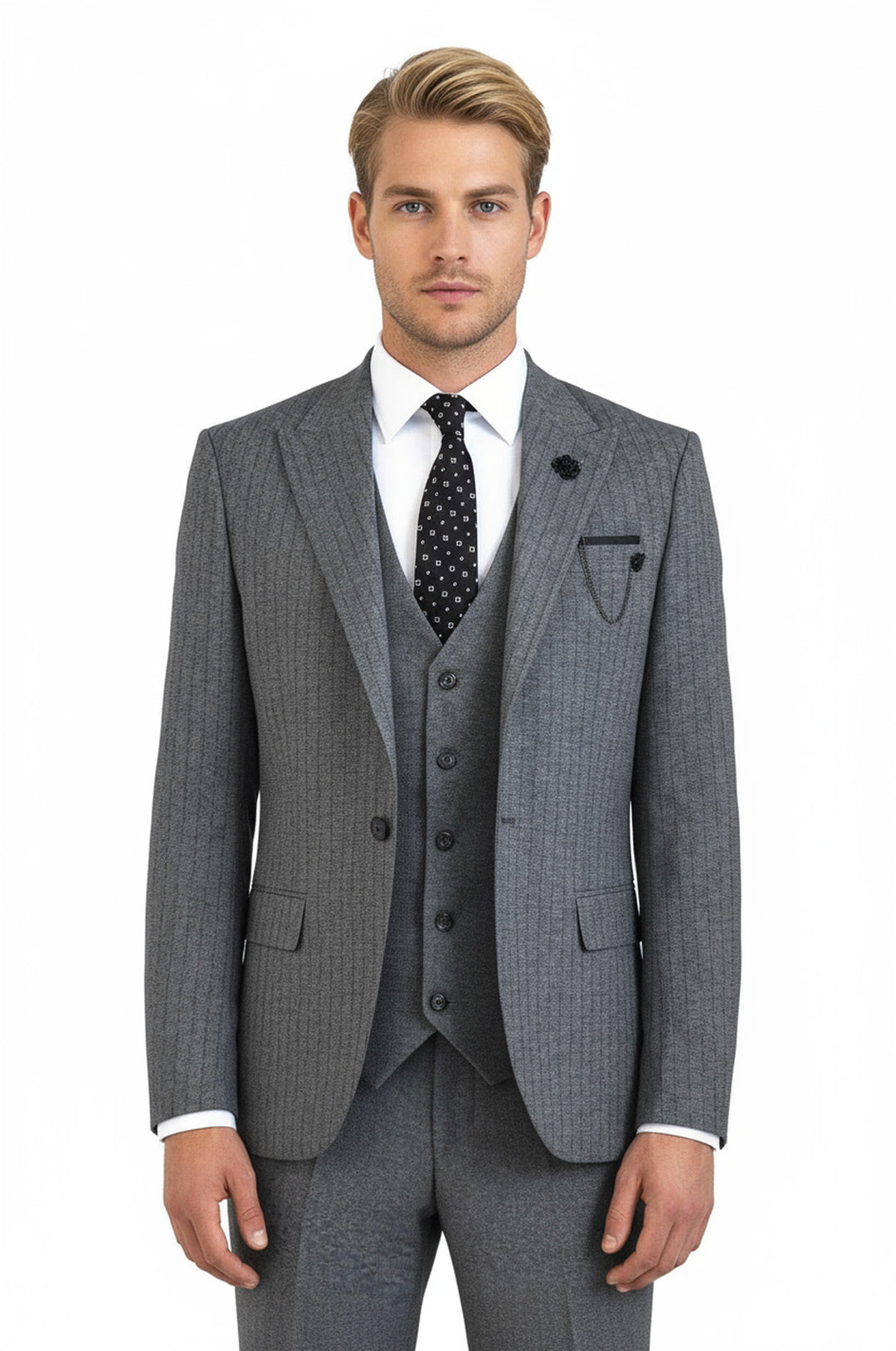 Striped Vested Grey Men's Suit    - Wessi