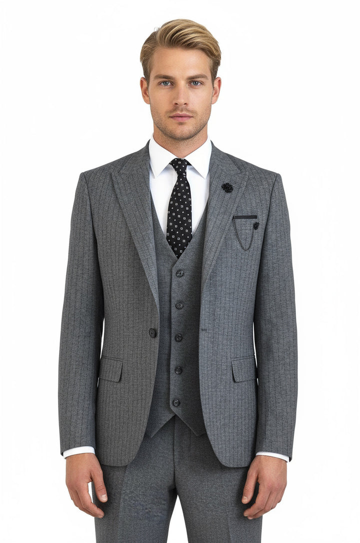 Striped Vested Grey Men's Suit    - Wessi
