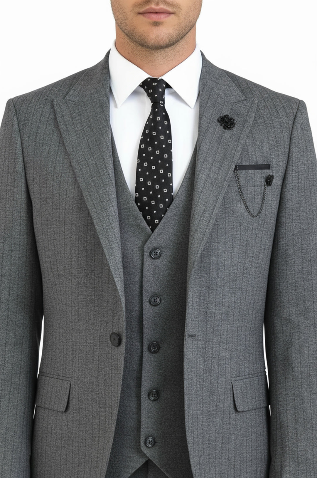Striped Vested Grey Men's Suit    - Wessi