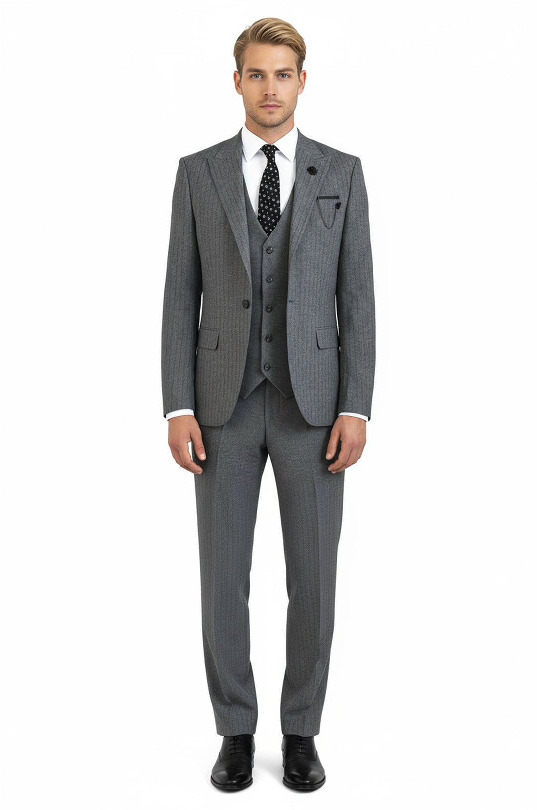 Striped Vested Grey Men's Suit    - Wessi