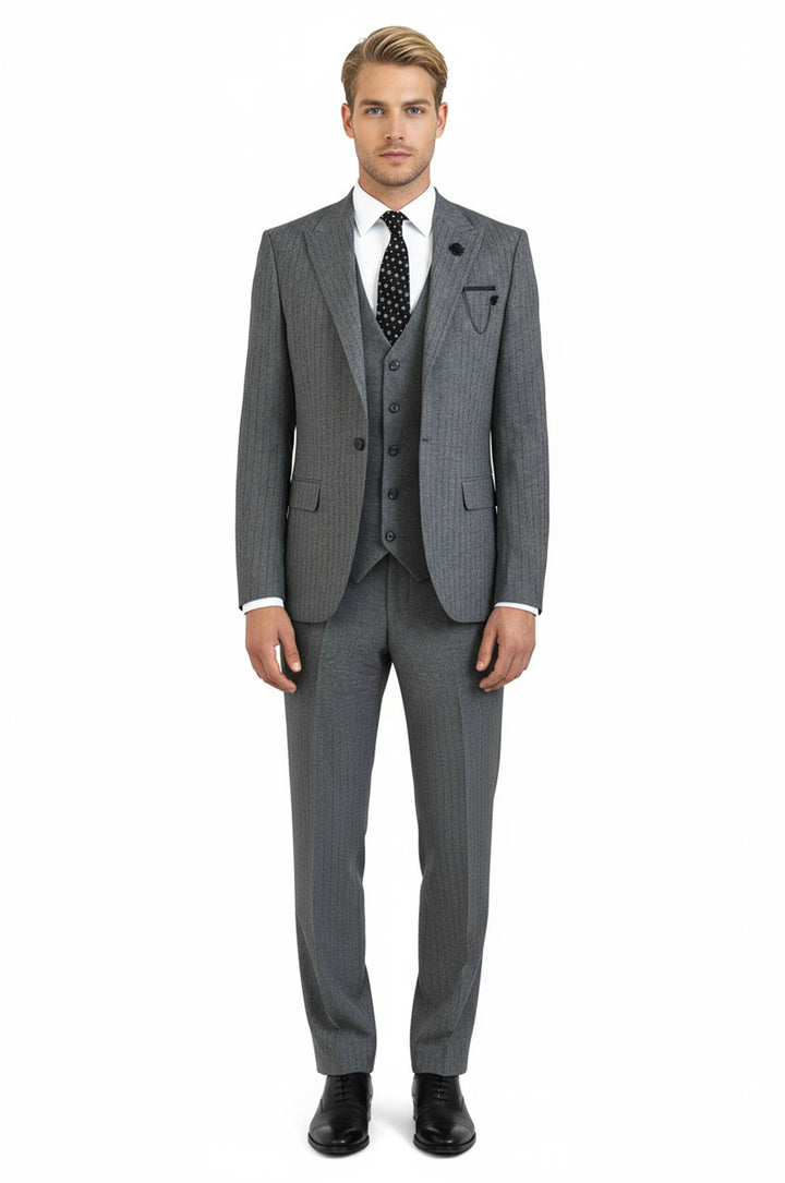 Striped Vested Grey Men's Suit    - Wessi