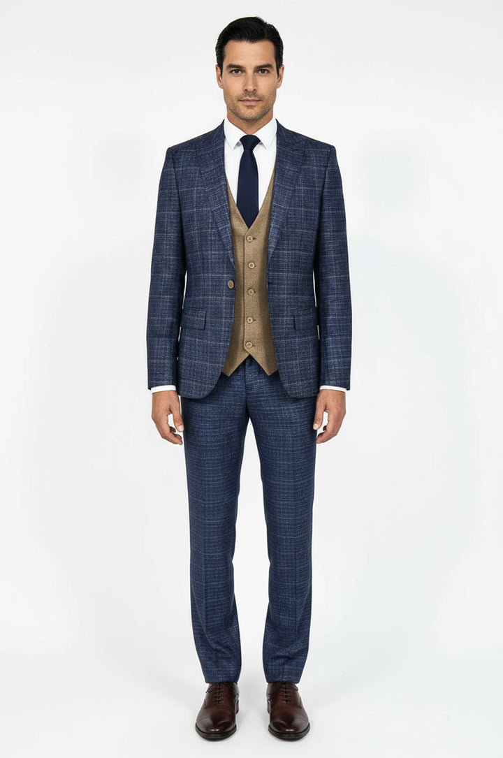 Slim Fit Checked Patterned Navy Blue Men Suit - Wessi