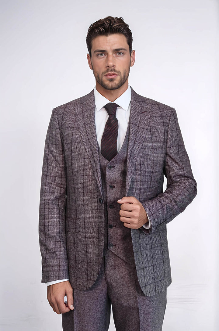 Traje de hombre entallado a cuadros burdeos - Wessi