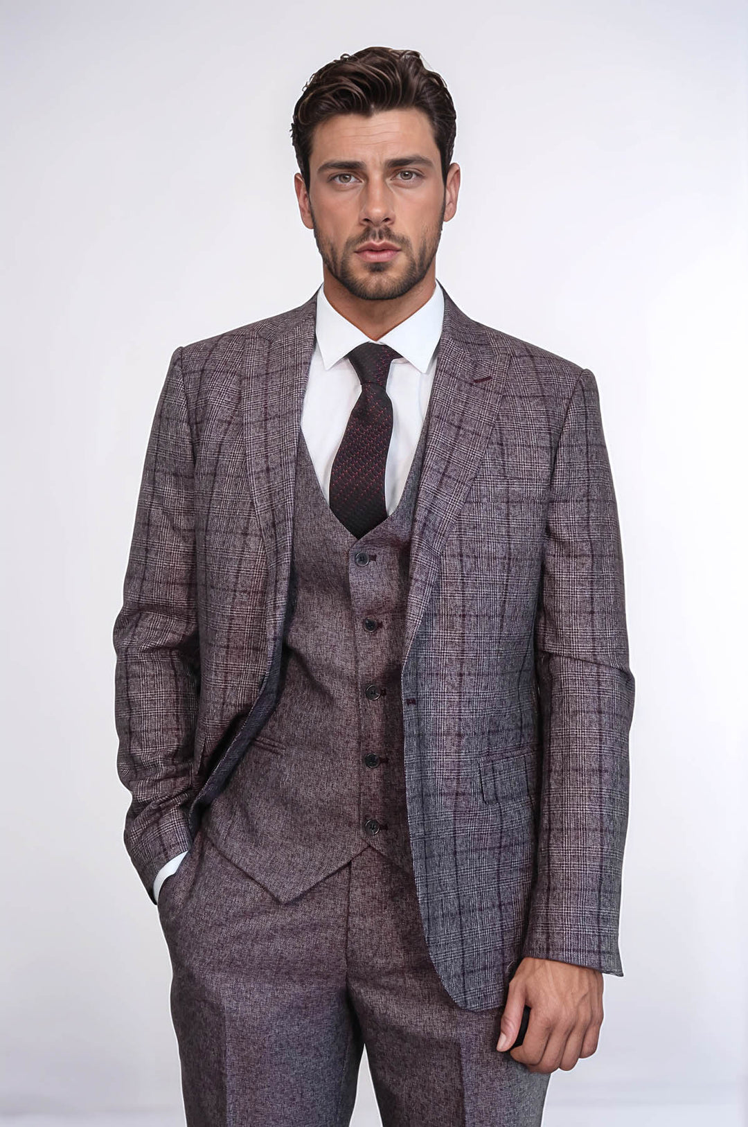 Traje de hombre entallado a cuadros burdeos - Wessi