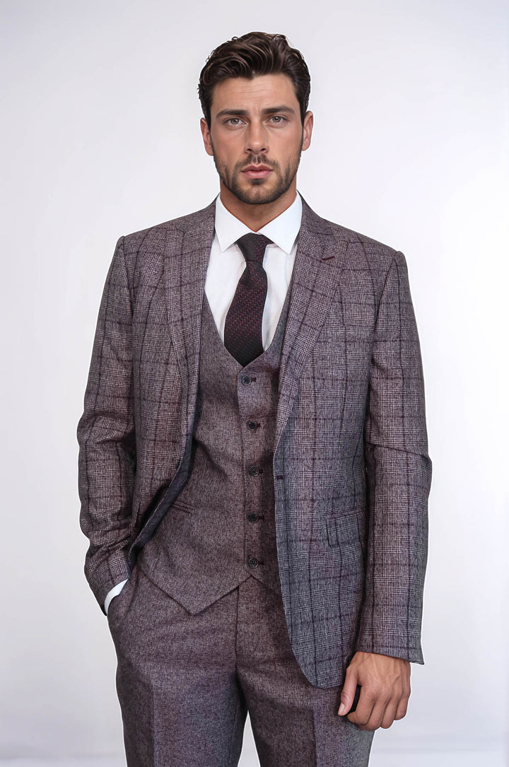 Traje de hombre entallado a cuadros burdeos - Wessi