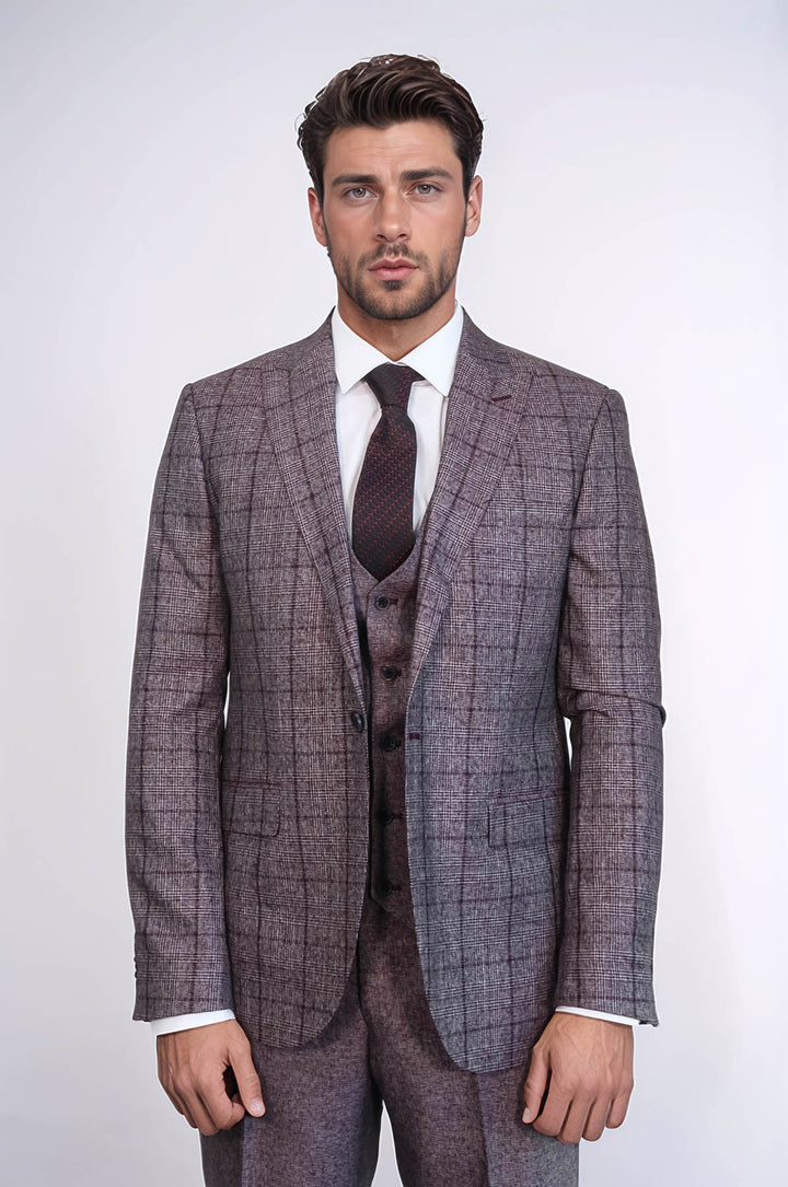 Traje de hombre entallado a cuadros burdeos - Wessi