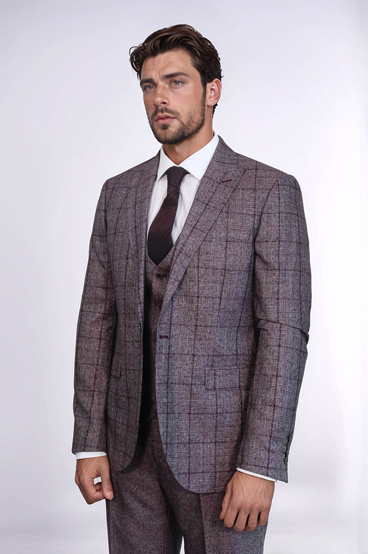 Traje de hombre entallado a cuadros burdeos - Wessi