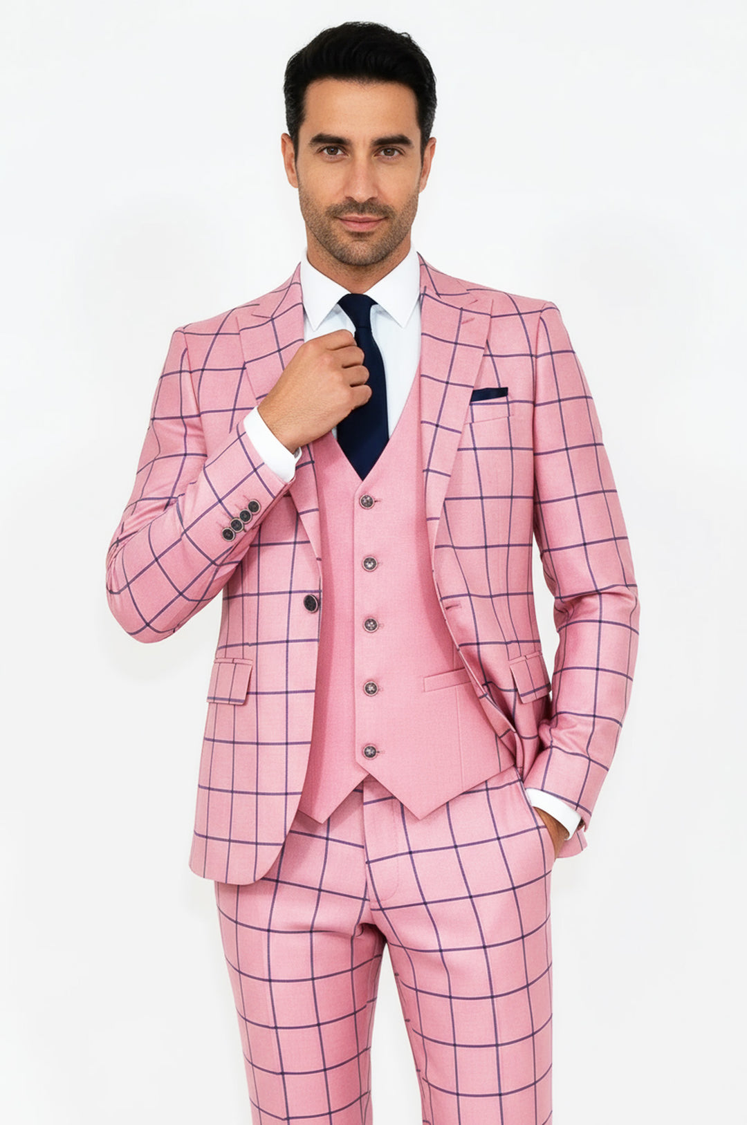 Dar Kesim Desenli Pembe Erkek Kombinasyon Takım Elbise - Wessi