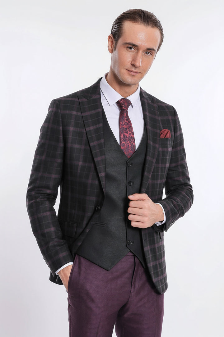 Purple Vested Slim Fit Checked Black Men Suit - Wessi