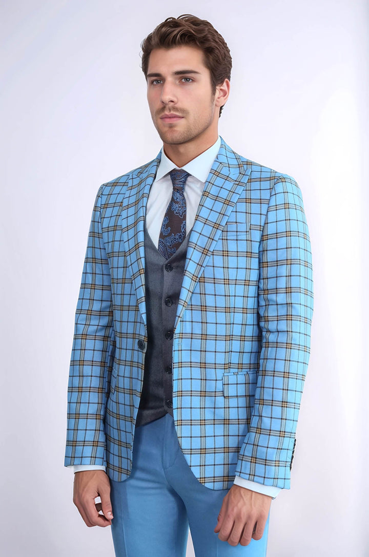 Grey Vested Slim Fit Checked Light Blue Men Suit - Wessi