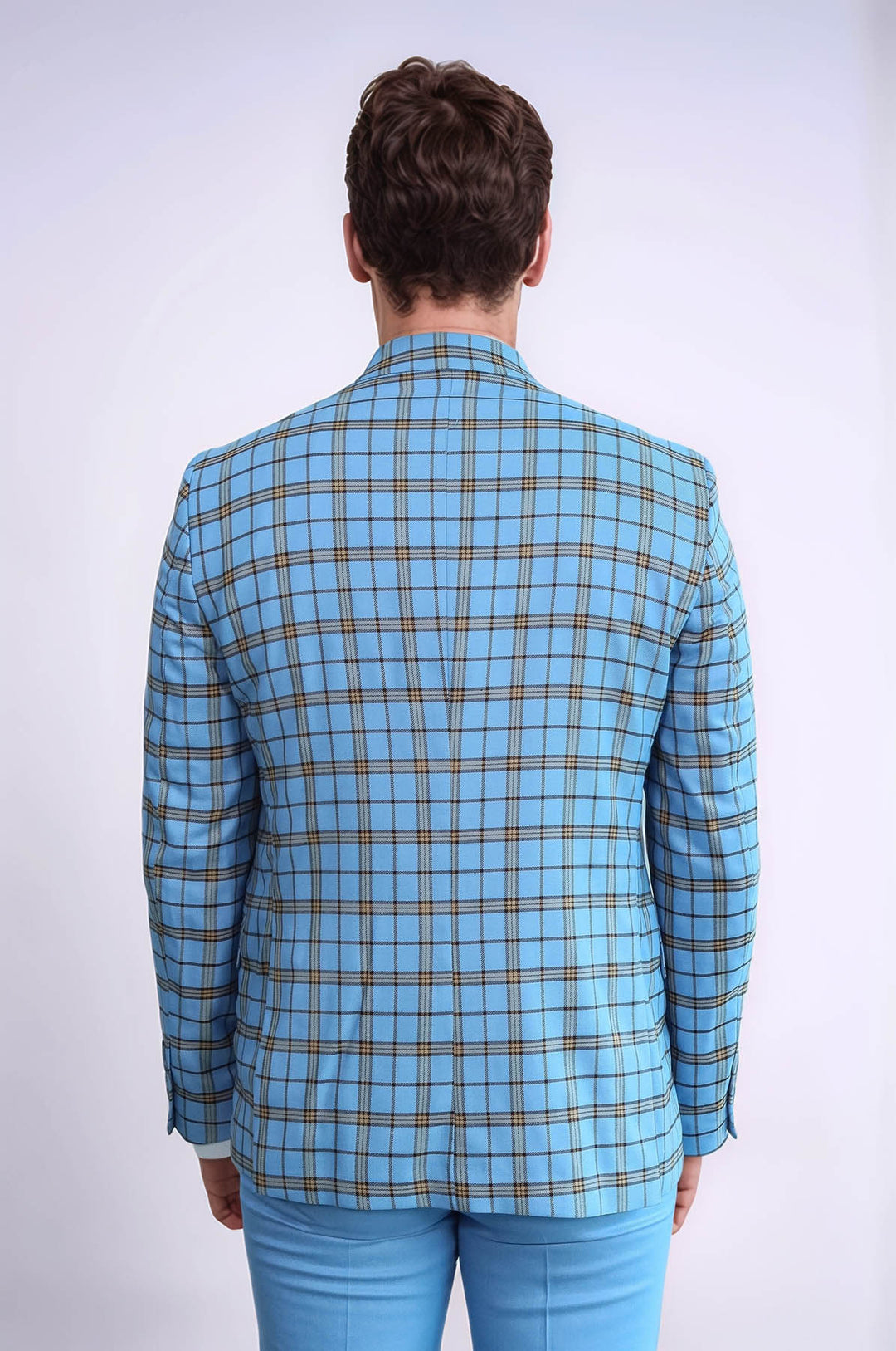 Grey Vested Slim Fit Checked Light Blue Men Suit - Wessi