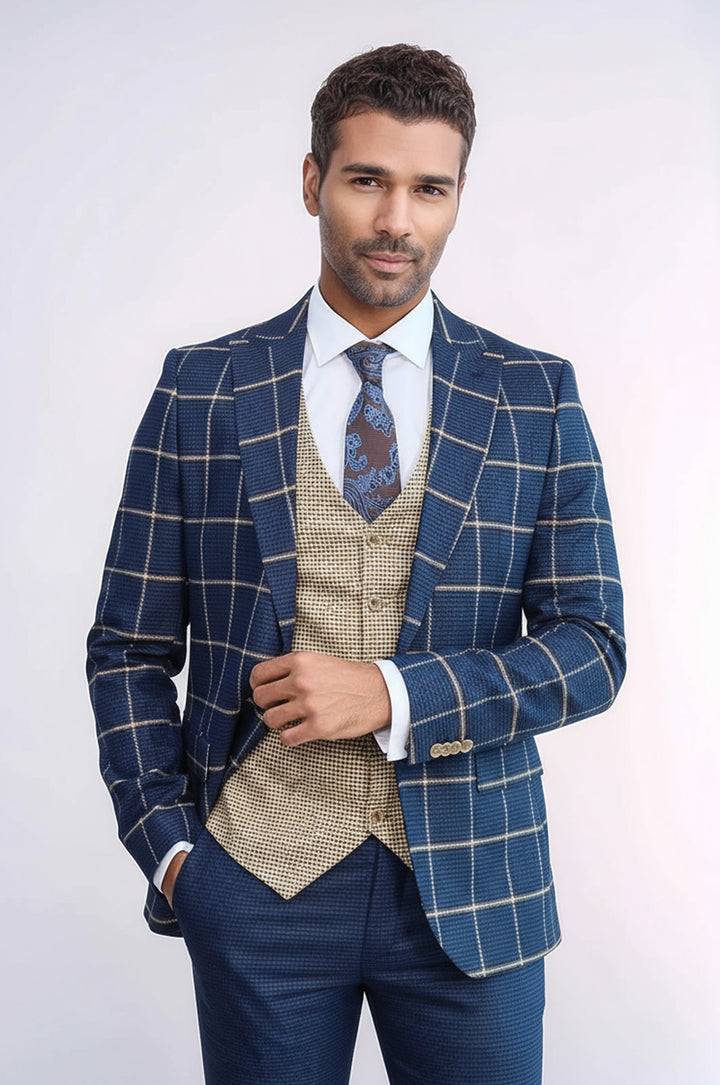Checked Patterned Slim Fit Navy Blue Men Suit - Wessi