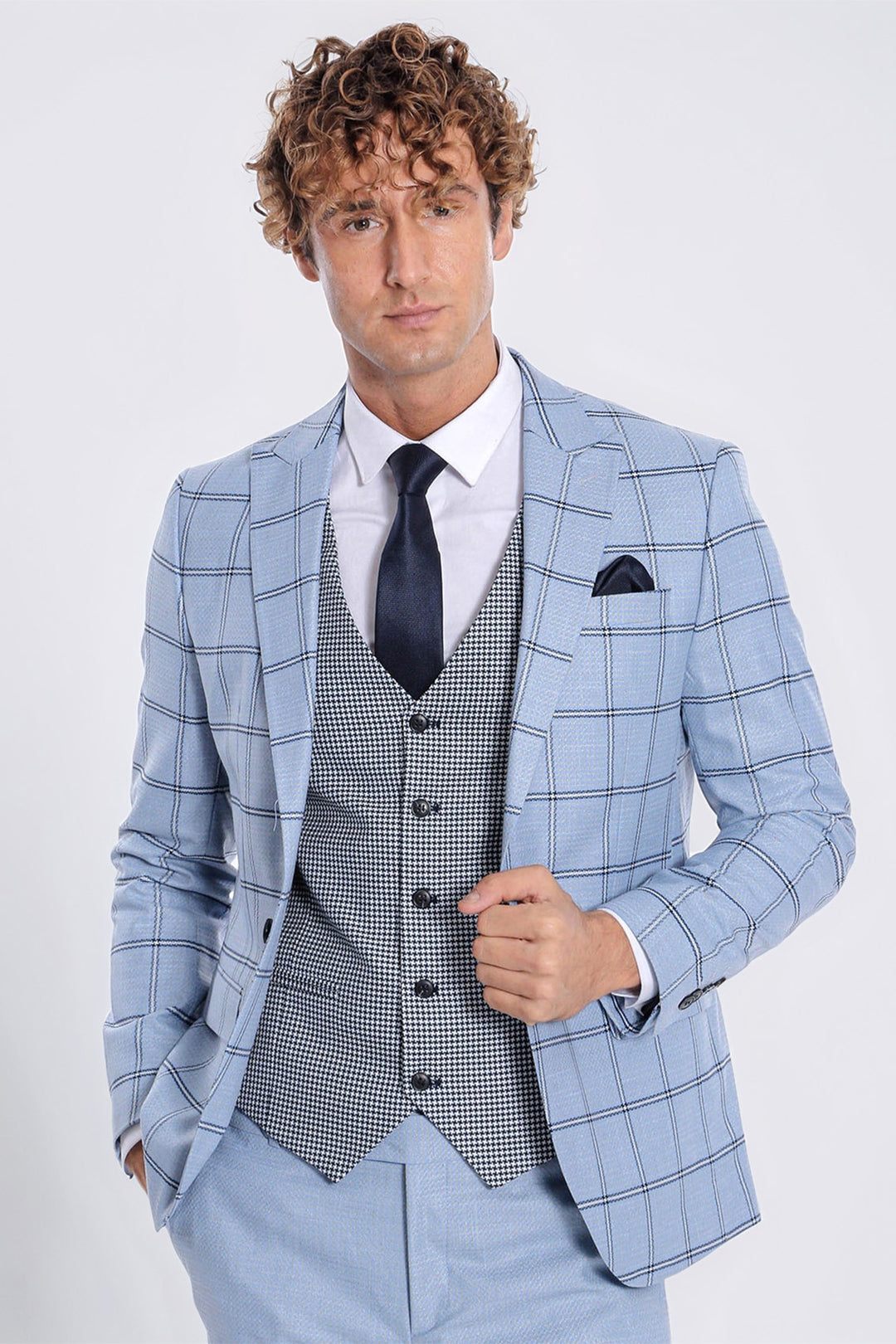 Checked Patterned Slim Fit Light Blue Men Suit - Wessi