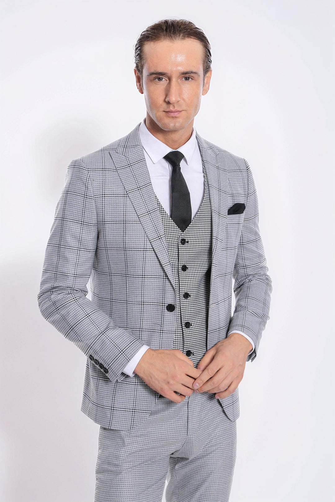 Checked Patterned Slim Fit Grey Men Suit - Wessi