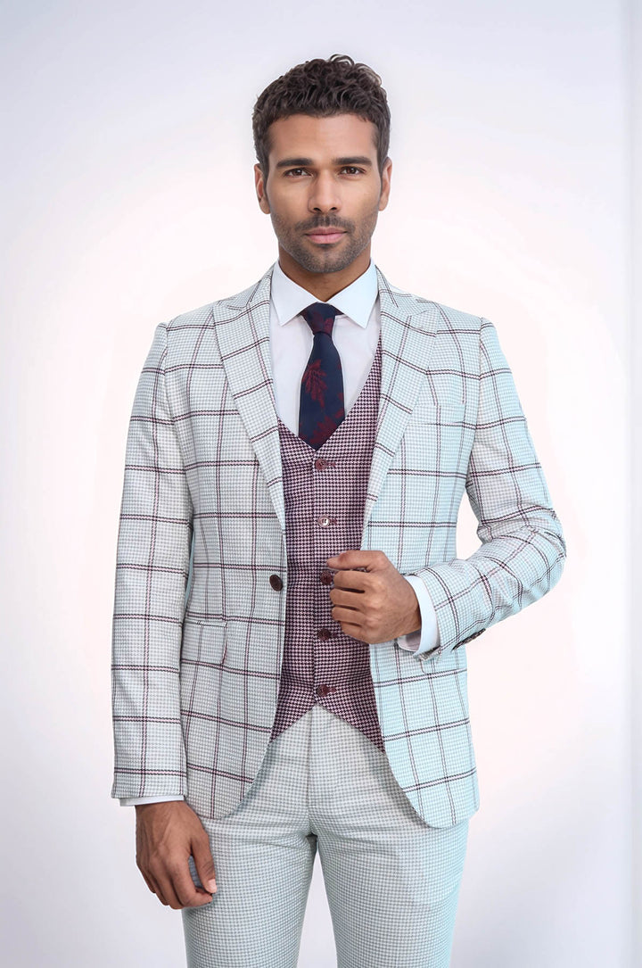 Traje de hombre gris claro con estampado de cuadros y chaleco - Wessi
