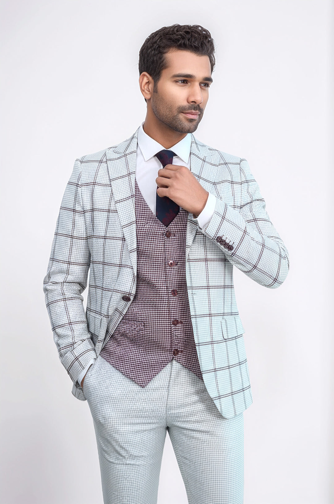 Checked Patterned Vested Light Grey Men Suit - Wessi