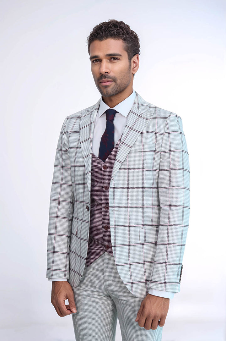 Traje de hombre gris claro con estampado de cuadros y chaleco - Wessi