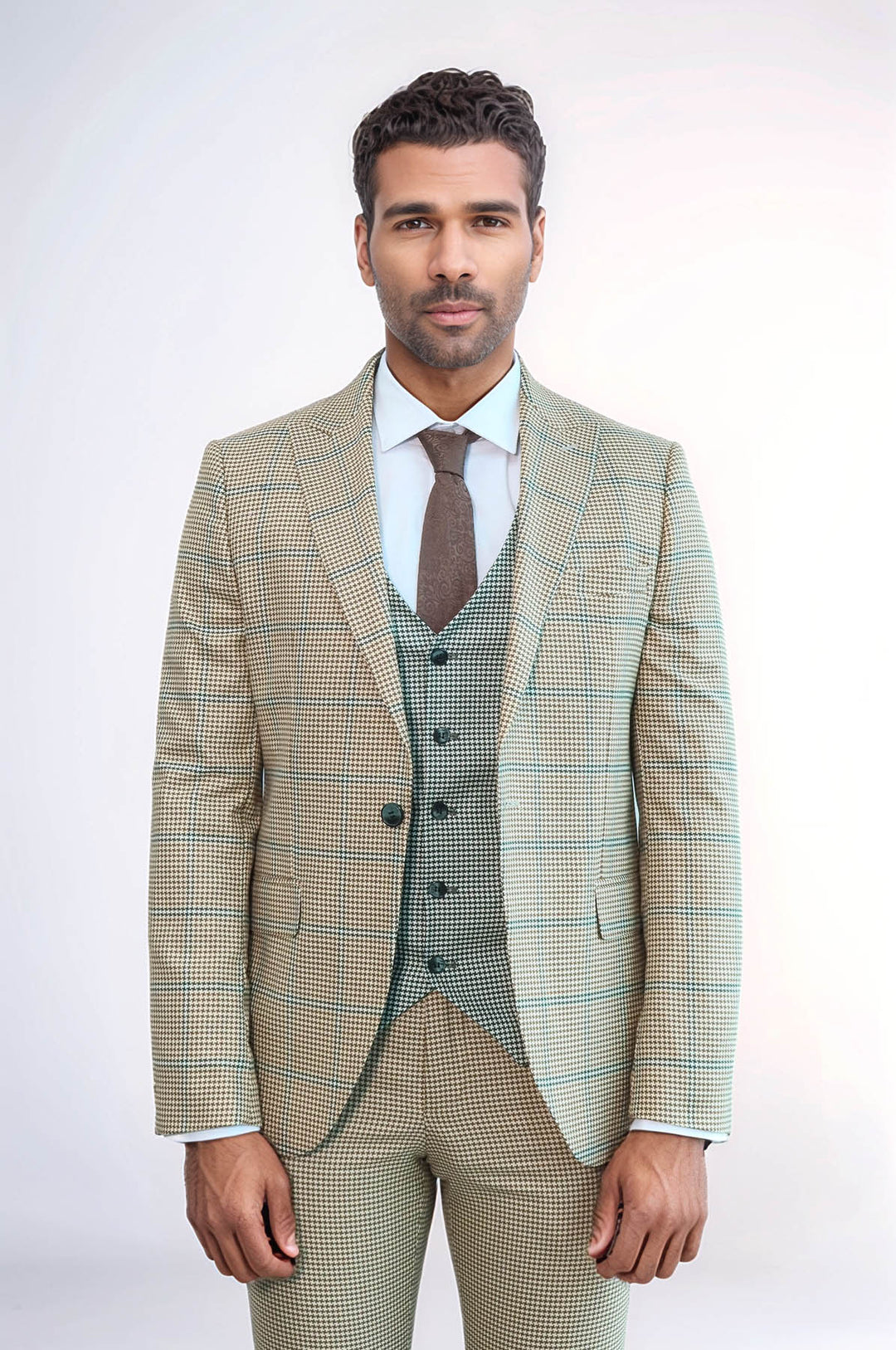 Traje de hombre beige ajustado con estampado de cuadros - Wessi