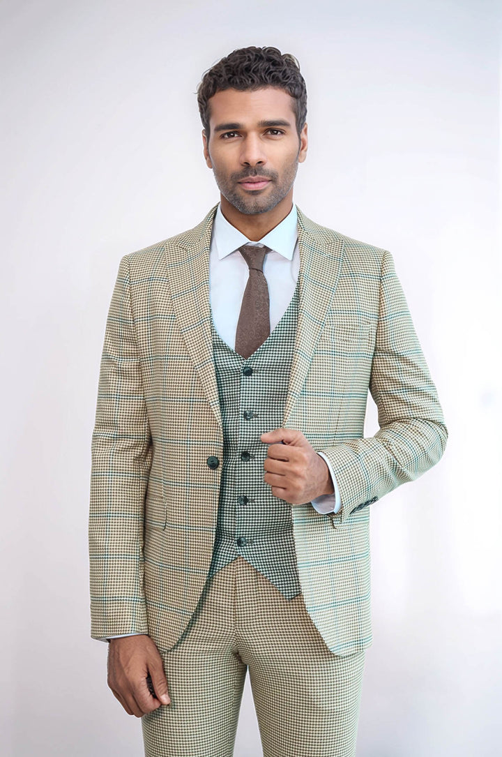 Traje de hombre beige ajustado con estampado de cuadros - Wessi