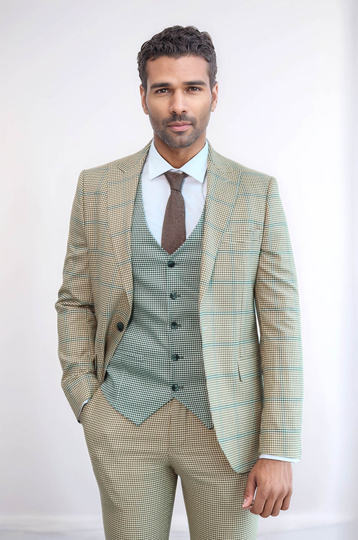 Traje de hombre beige ajustado con estampado de cuadros - Wessi