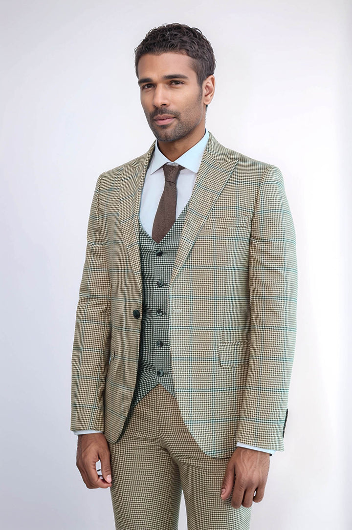 Traje de hombre beige ajustado con estampado de cuadros - Wessi