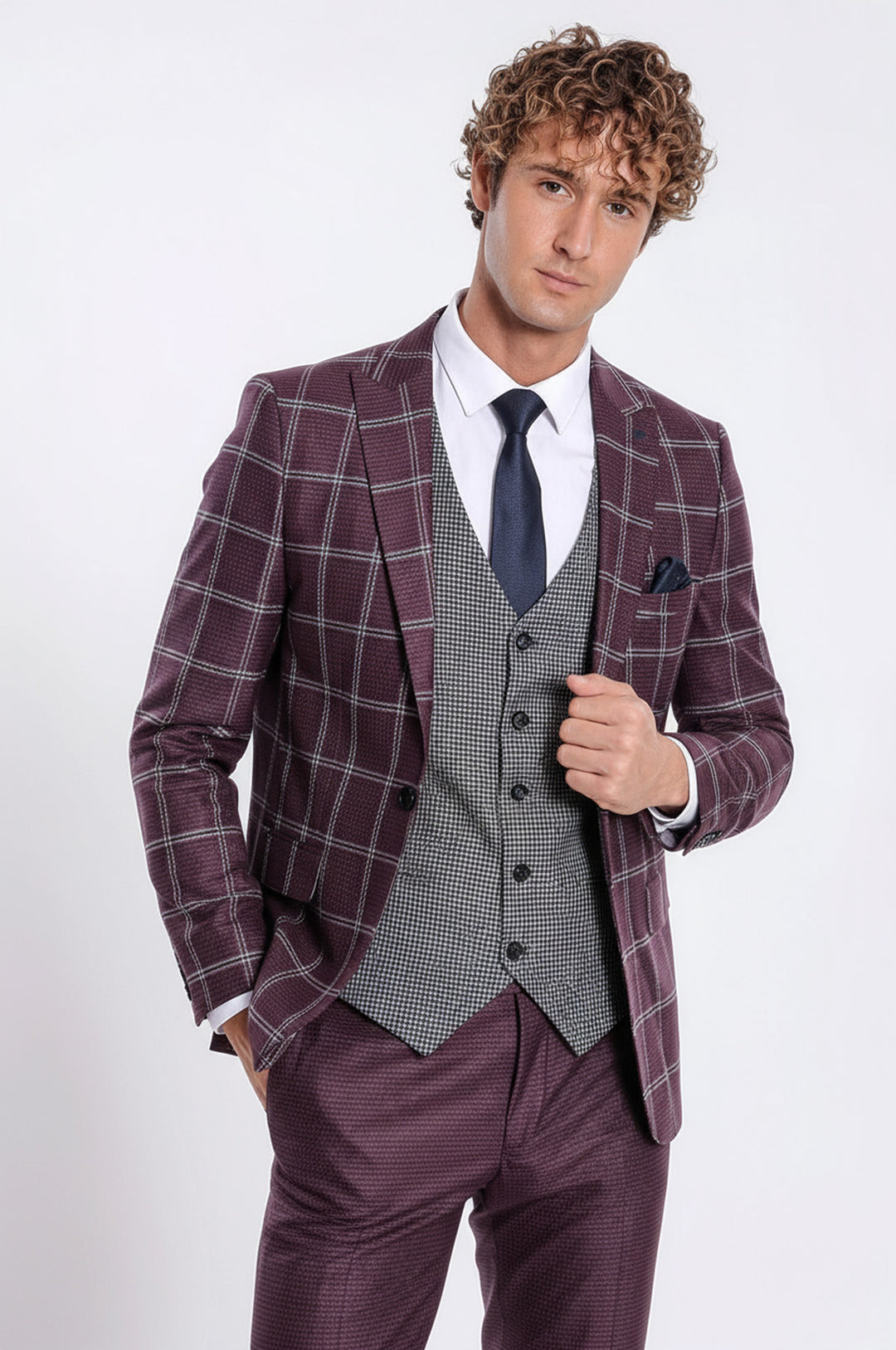 Checked Patterned Slim Fit Burgundy Men Suit - Wessi Wessi Wholesale Checked Patterned Slim Fit Burgundy Men Suit - Wessi Wessi Wholesale