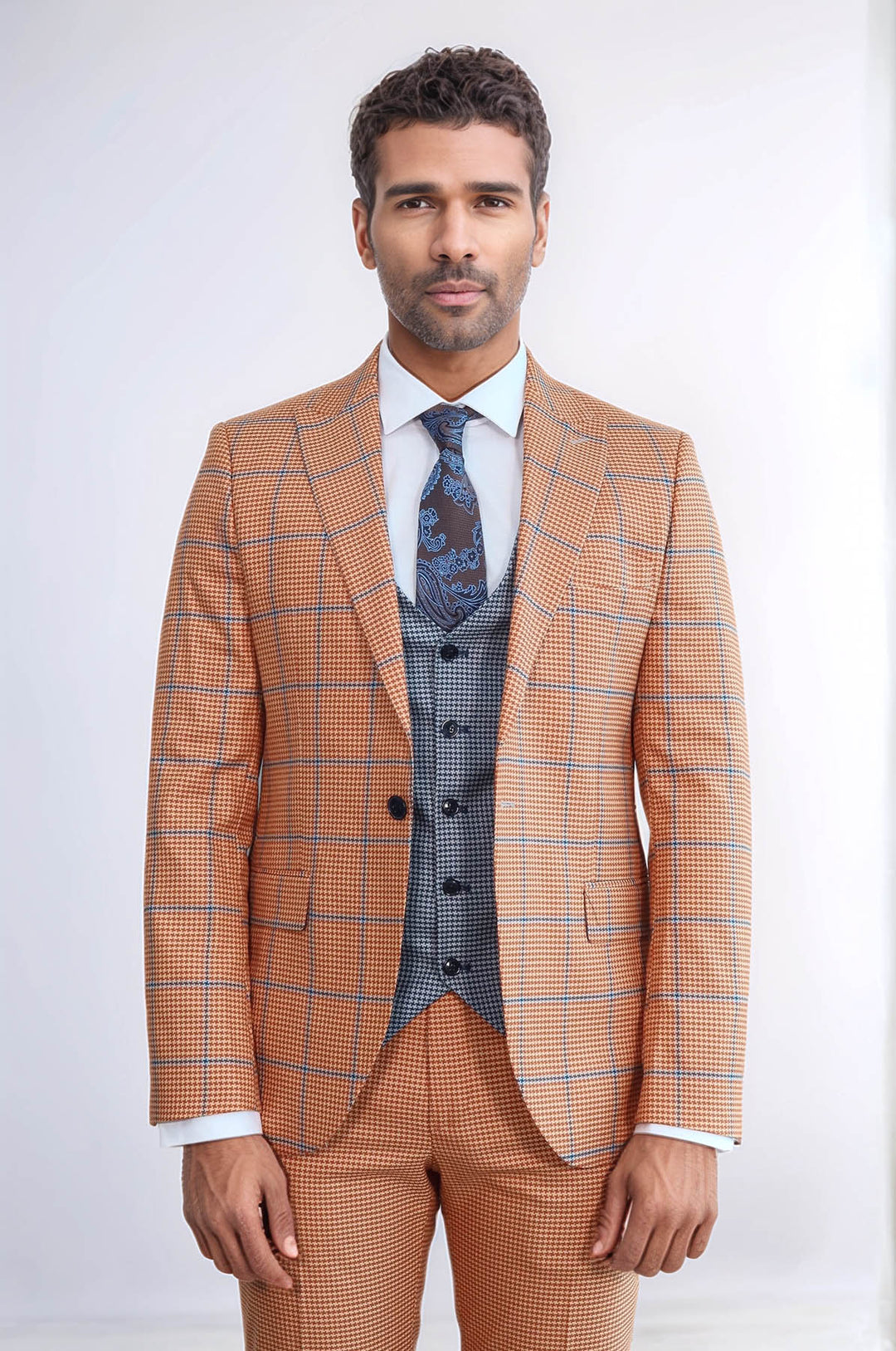 Traje de hombre entallado de color naranja con estampado de cuadros - Wessi