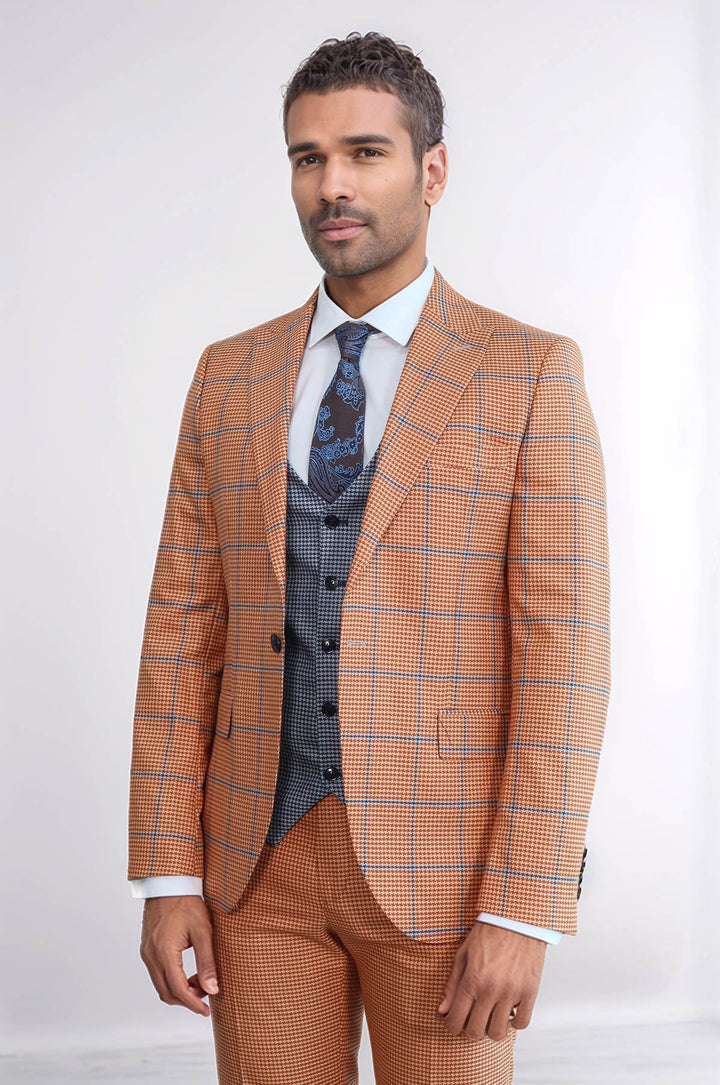 Traje de hombre entallado de color naranja con estampado de cuadros - Wessi