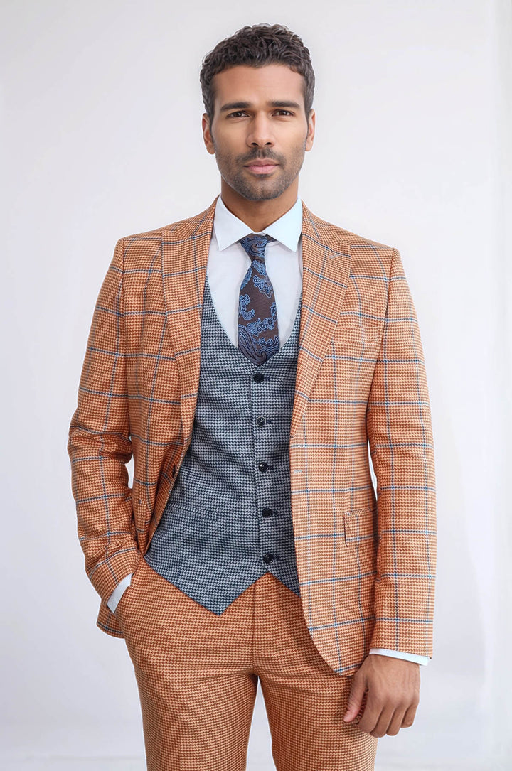Traje de hombre entallado de color naranja con estampado de cuadros - Wessi