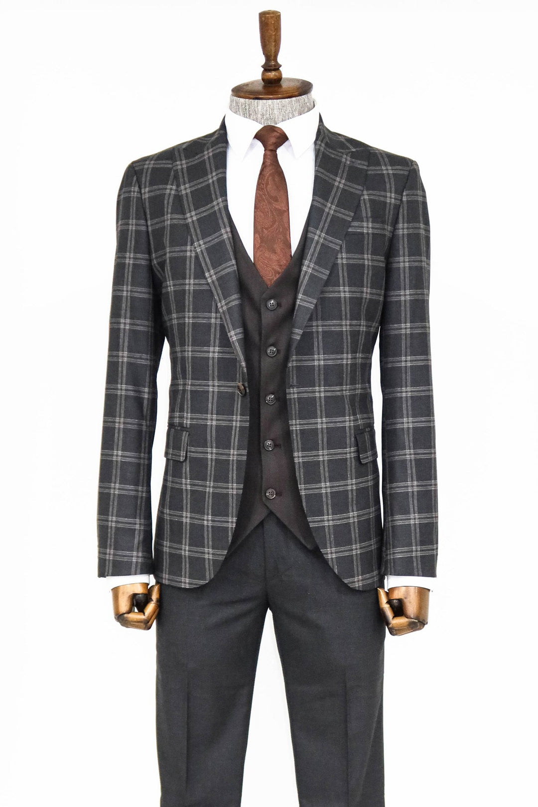 Checked Patterned Slim Fit Black Men Suit - Wessi