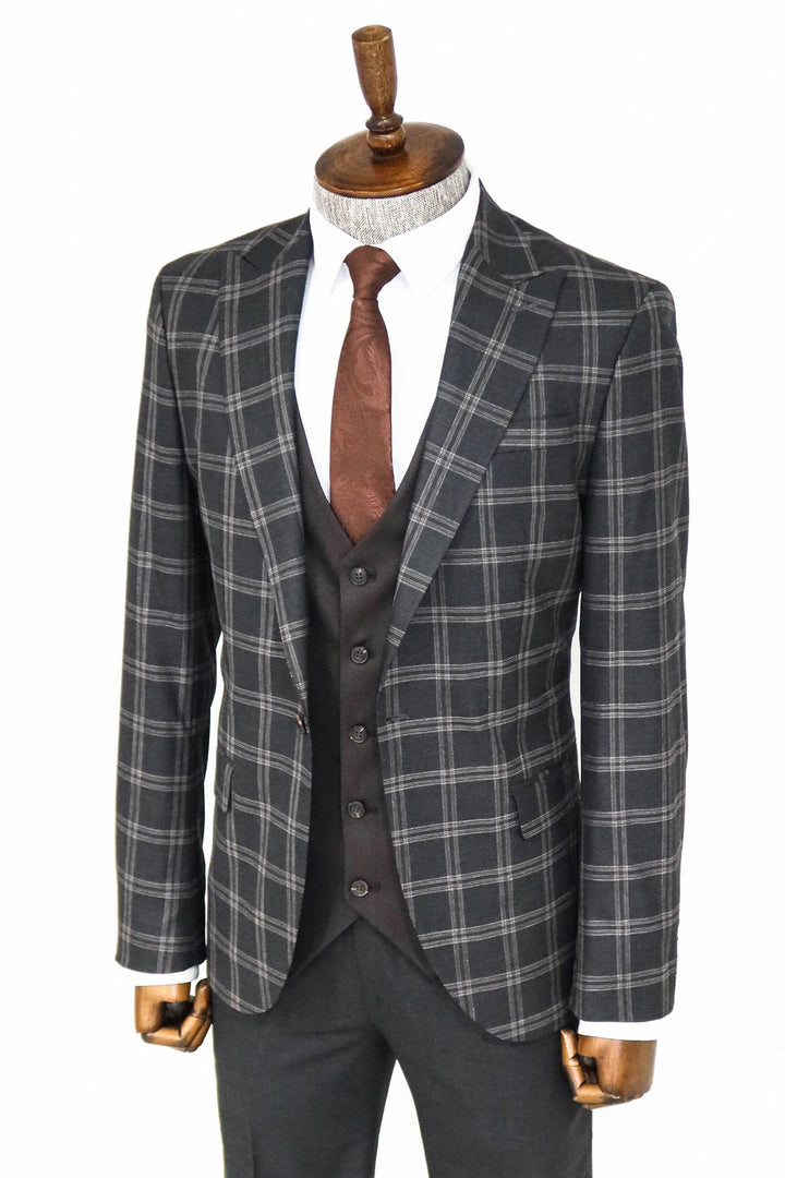 Checked Patterned Slim Fit Black Men Suit - Wessi