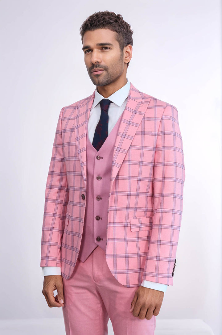 Traje de hombre entallado con estampado de cuadros en color rosa - Wessi