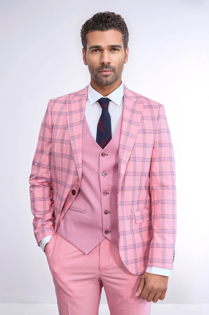 Traje de hombre entallado con estampado de cuadros en color rosa - Wessi