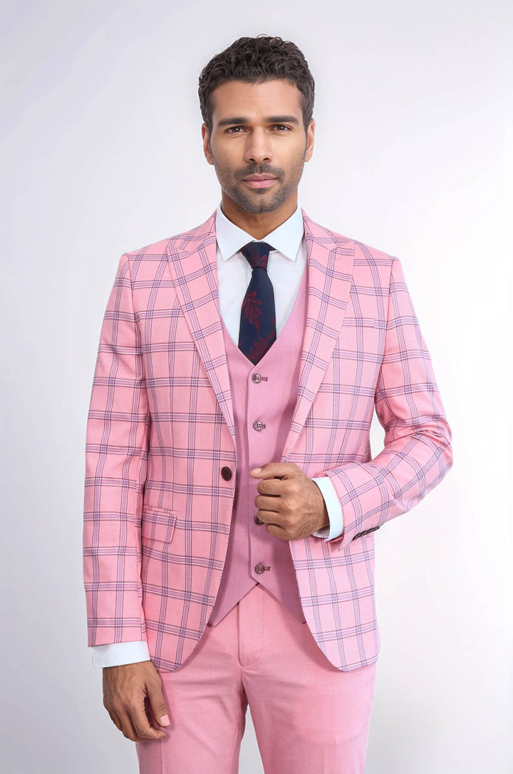 Traje de hombre entallado con estampado de cuadros en color rosa - Wessi