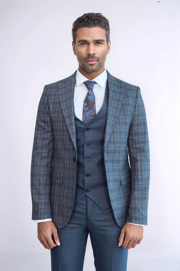Traje de hombre azul de corte entallado a cuadros - Wessi