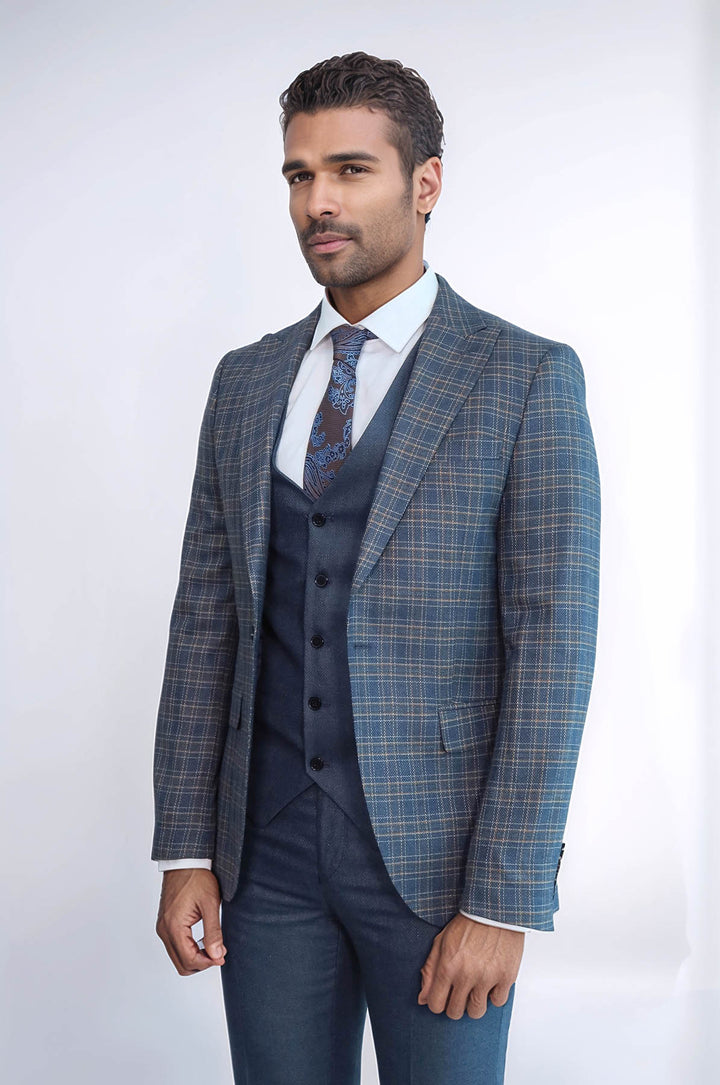 Traje de hombre azul de corte entallado a cuadros - Wessi