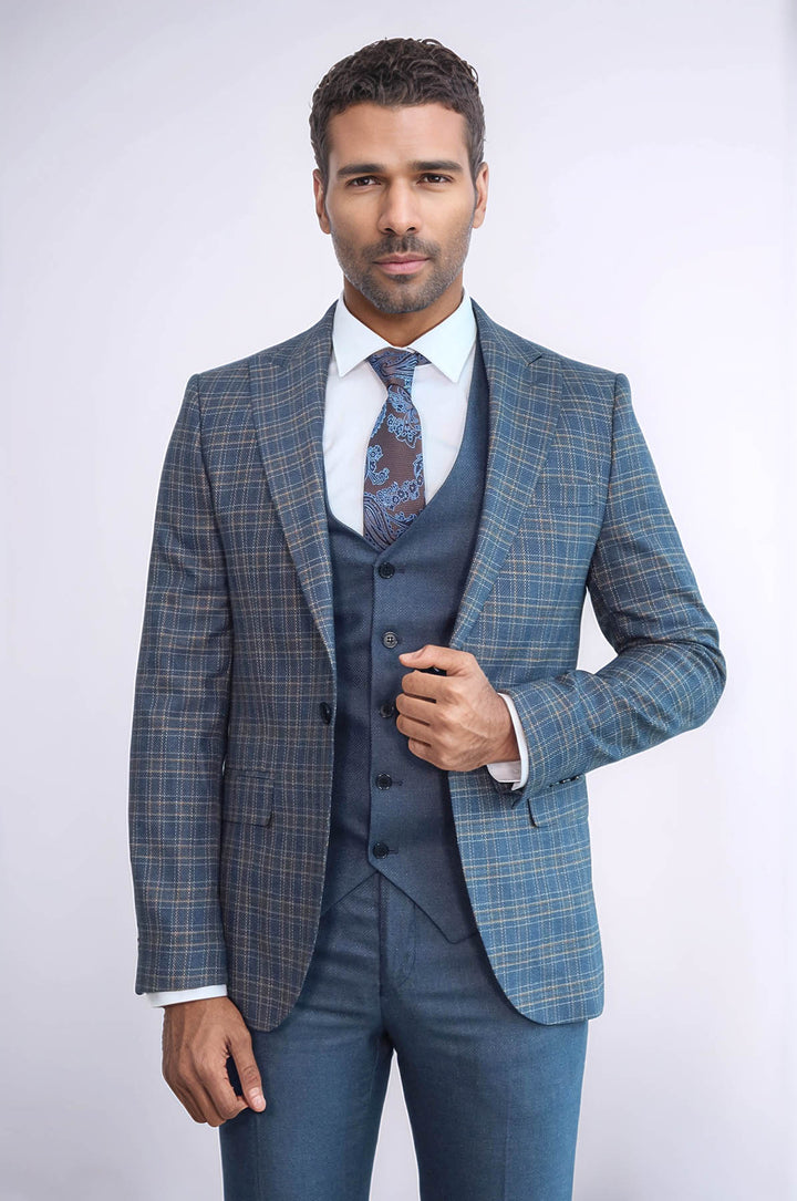 Traje de hombre azul de corte entallado a cuadros - Wessi