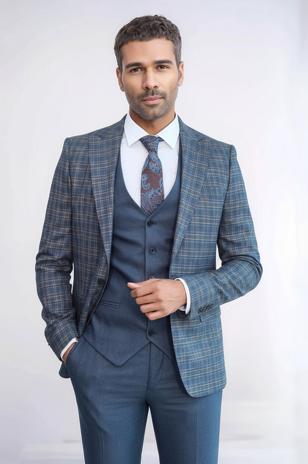 Checked Slim Fit Blue Men Suit - Wessi – Wessi Wholesale