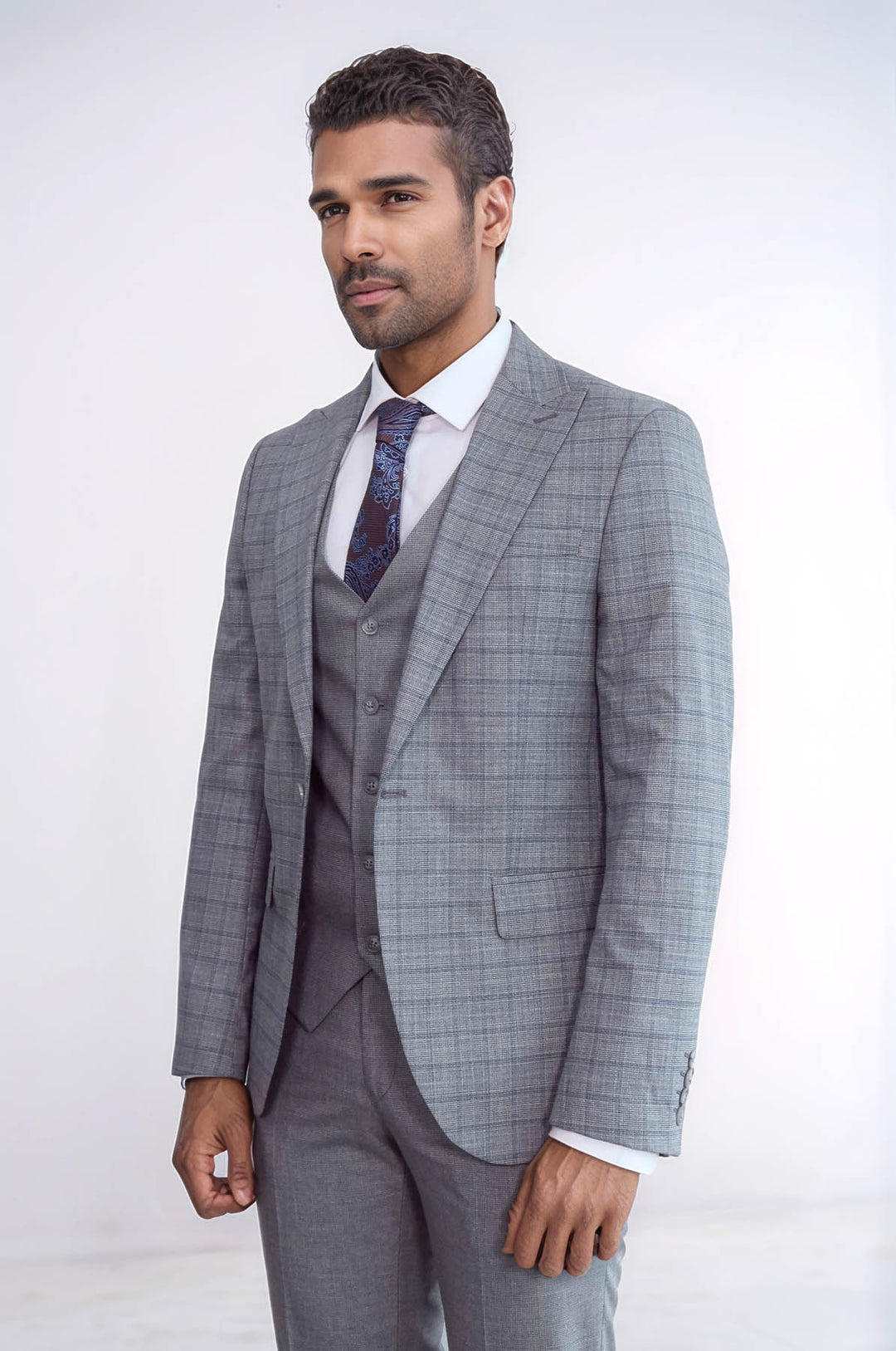 Traje de hombre gris ajustado a cuadros - Wessi