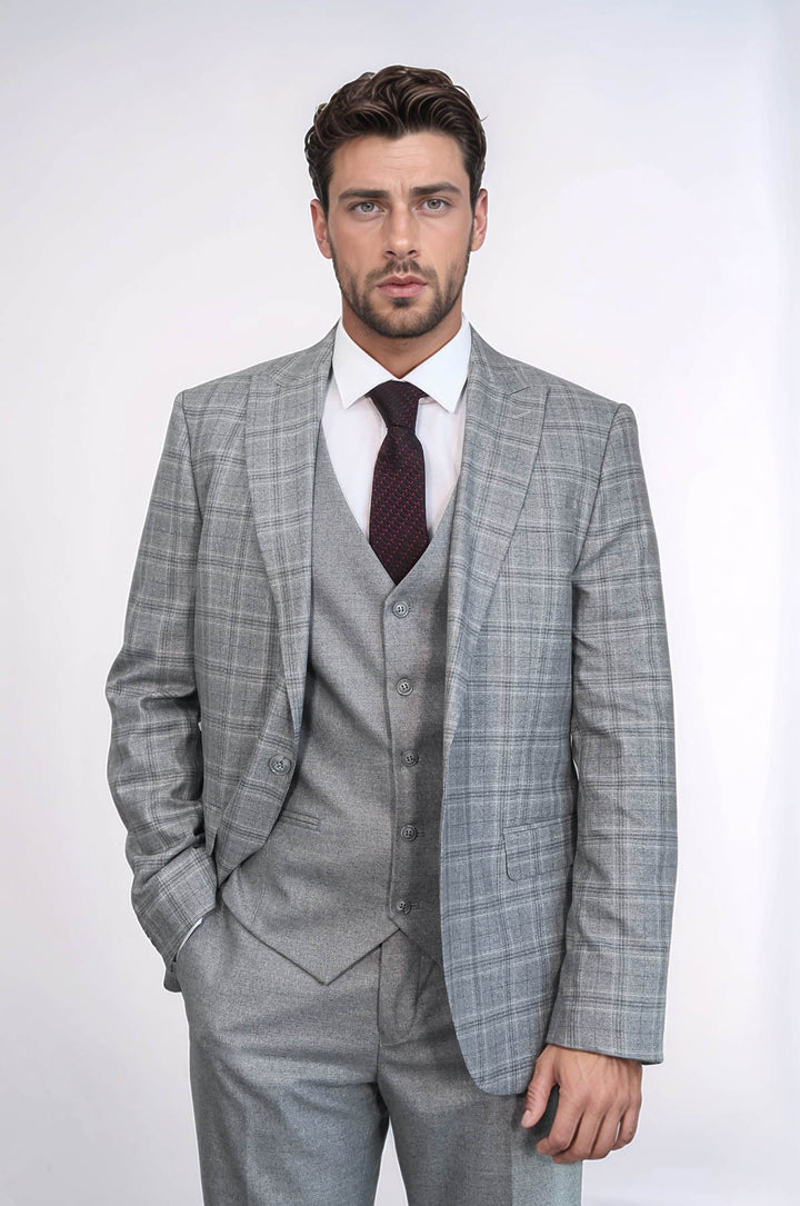 Checked Slim Fit Light Grey Men Suit - Wessi