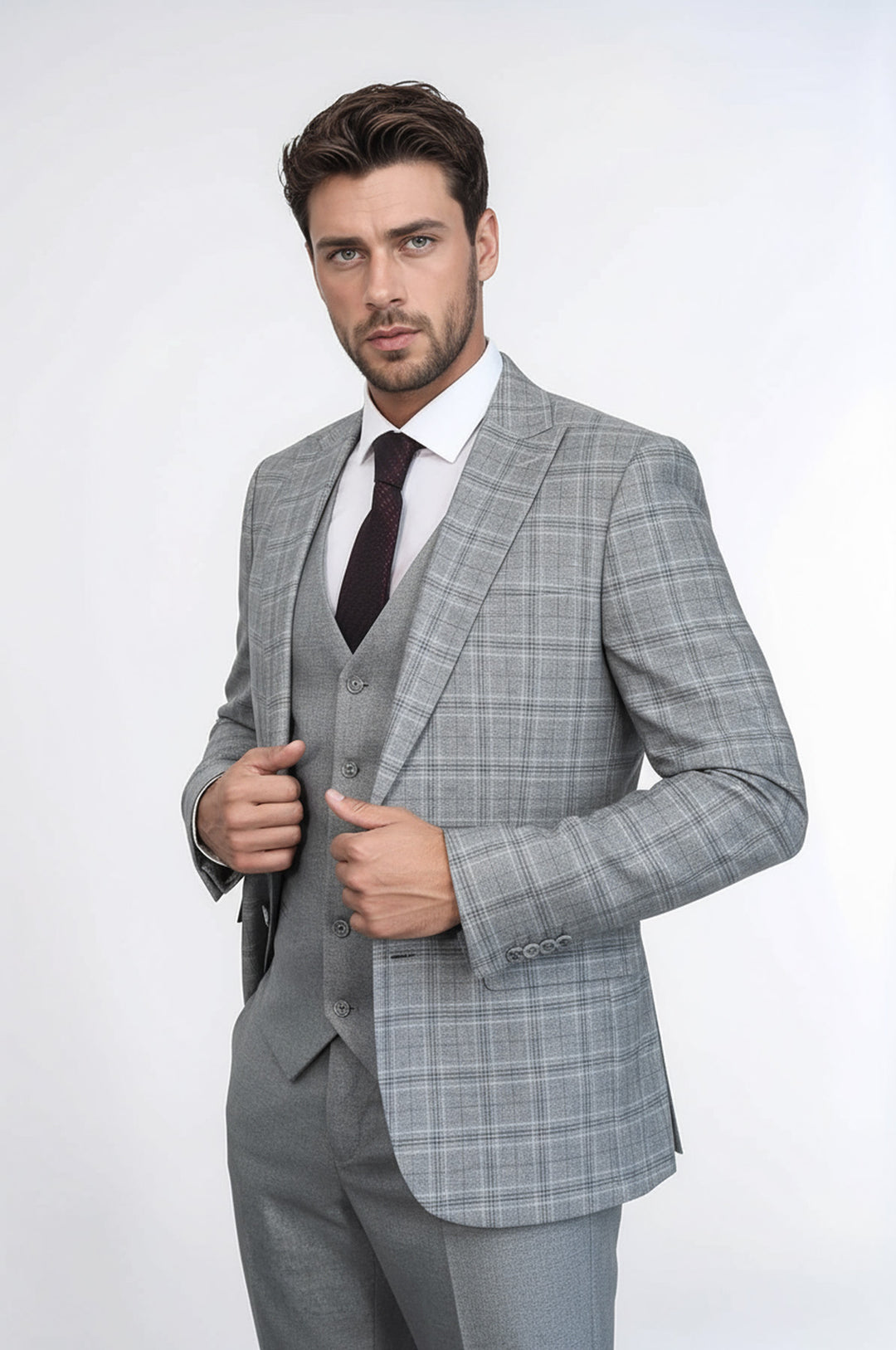 Checked Slim Fit Light Grey Men Suit - Wessi