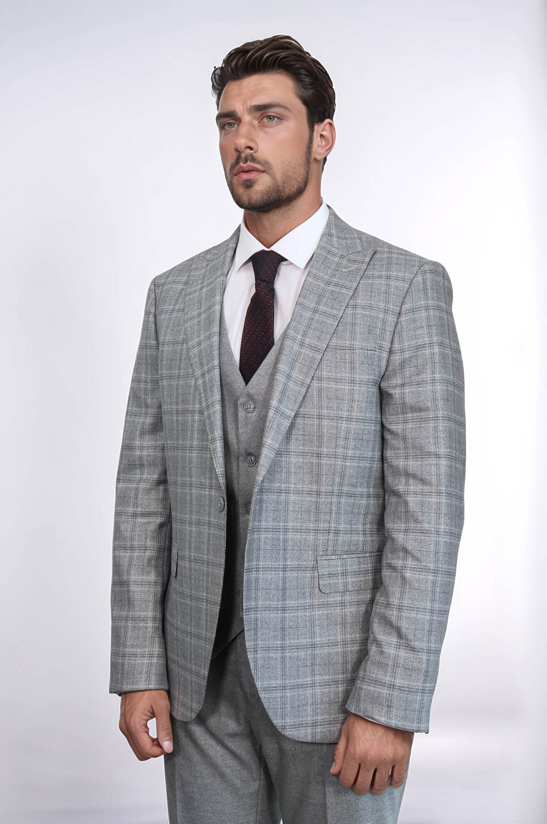 Checked Slim Fit Light Grey Men Suit - Wessi