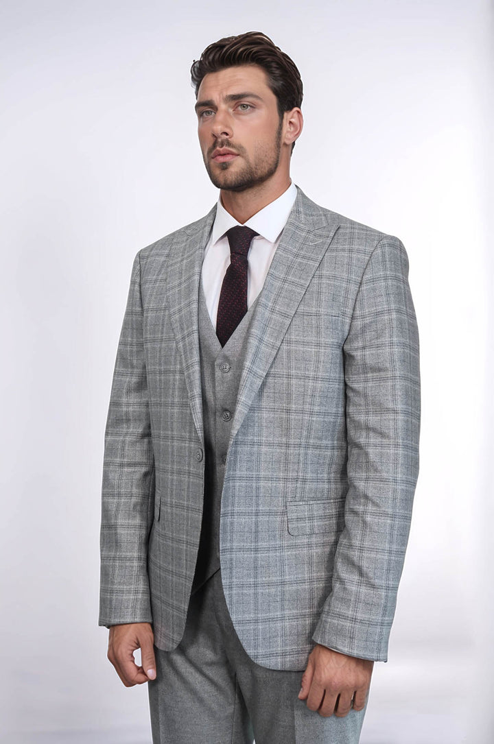 Checked Slim Fit Light Grey Men Suit - Wessi