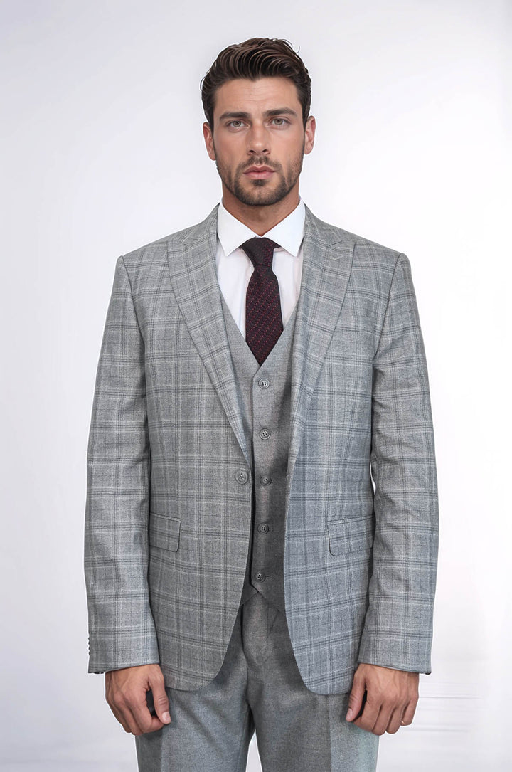 Checked Slim Fit Light Grey Men Suit - Wessi