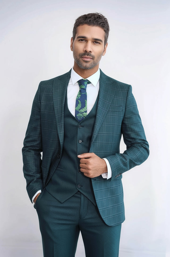 Checked Slim Fit Green Men Suit - Wessi