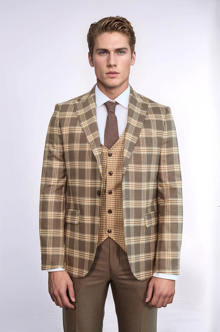 Traje de hombre en marrón claro con estampado de cuadros y corte entallado - Wessi