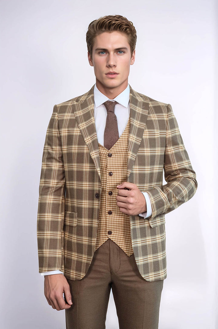 Traje de hombre en marrón claro con estampado de cuadros y corte entallado - Wessi