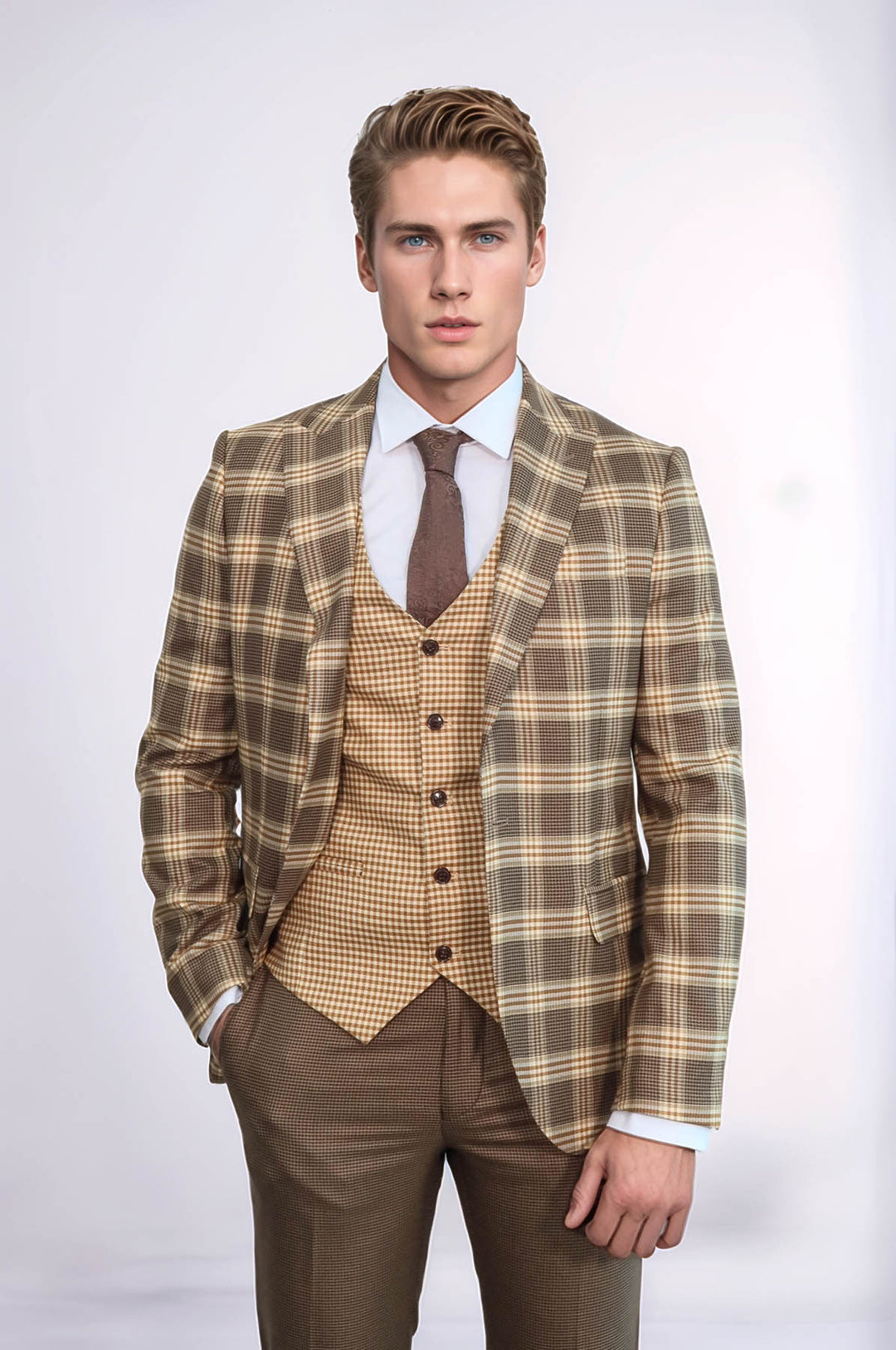 Traje de hombre en marrón claro con estampado de cuadros y corte entallado - Wessi