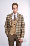 Slim Fit Patterned Checked Light Brown Men Suit - Wessi