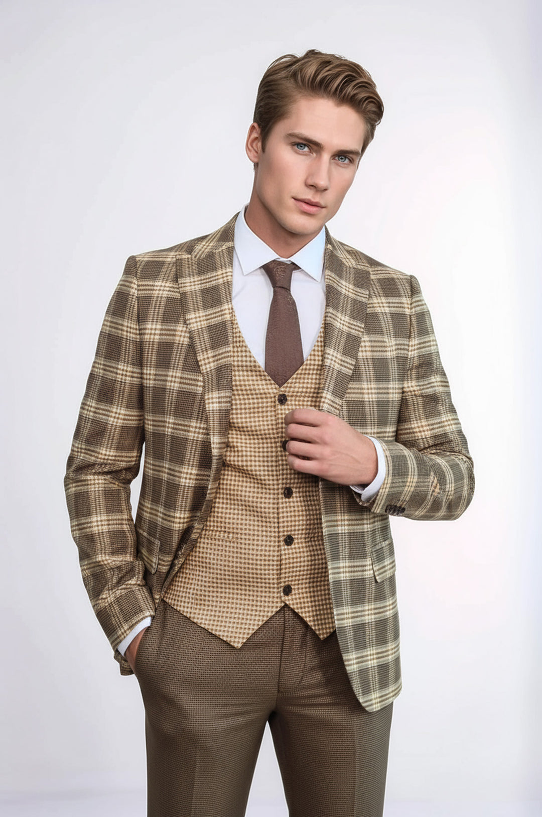 Slim Fit Patterned Checked Light Brown Men Suit - Wessi